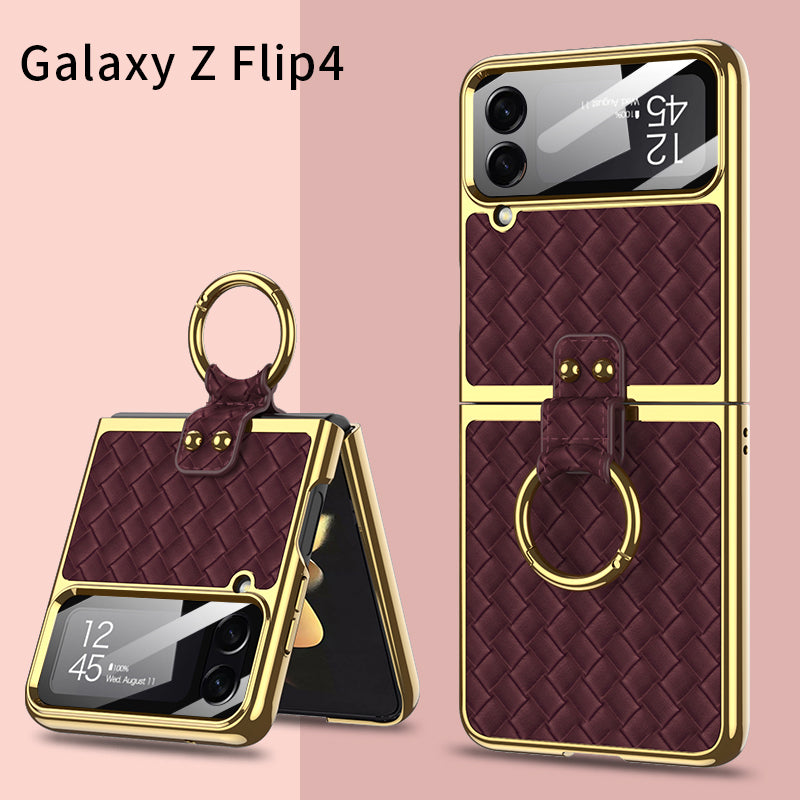 Electroplated Weave Leather Case For Galaxy Z Flip4 5G With Back Glass And Ring Holder Standard