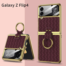 Load image into Gallery viewer, Electroplated Weave Leather Case For Galaxy Z Flip4 5G With Back Glass And Ring Holder Standard
