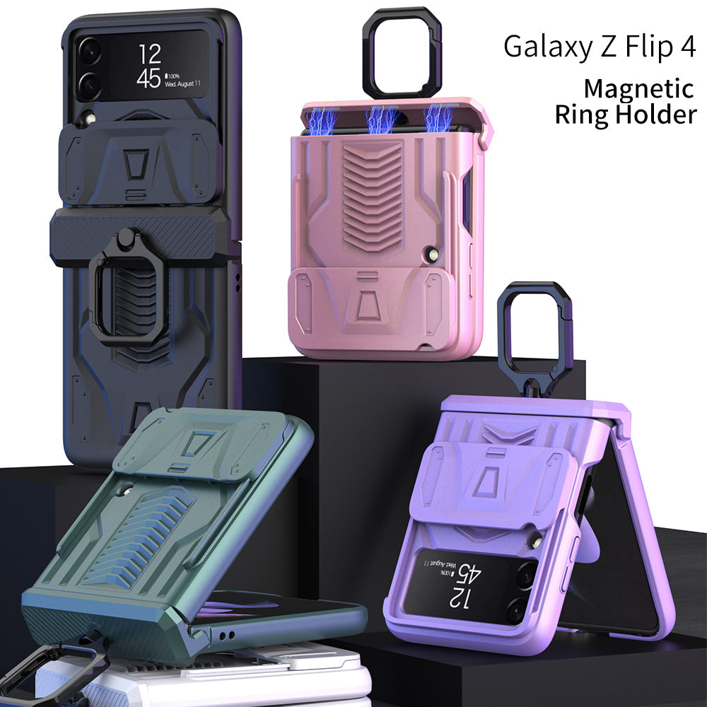 Magnetic Shockproof Armor Case For Galaxy Z Flip4 5G With Slide Lens Cover Support Wirless Charging