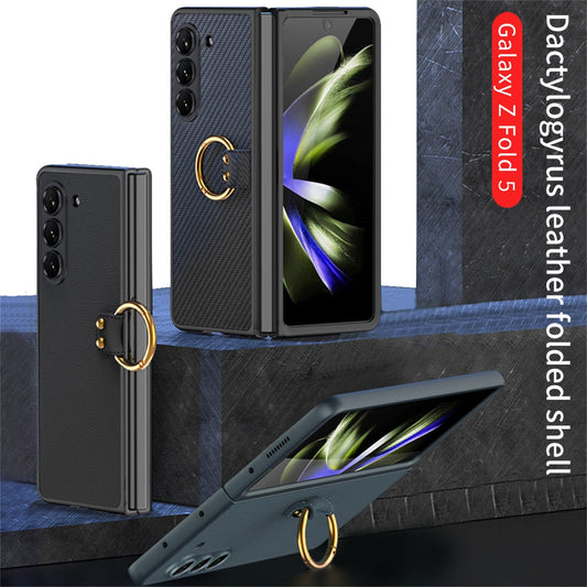 Leather Samsung Galaxy Z Fold 5 Case with Front Screen Tempered Glass Protector & Ring