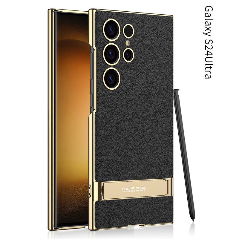 Shockproof with Precision Cutouts S24Ultra Electroplated Vegan Leather Stand Case for S24Ultra S24 Plus
