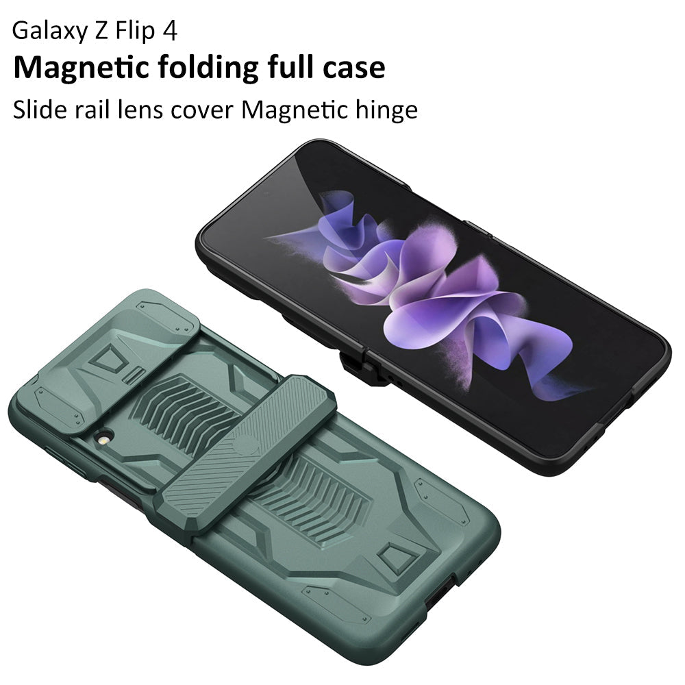 Magnetic Hinge Hard Armor Case For Samsung Galaxy Z Flip4 5G With Slide Lens Cover