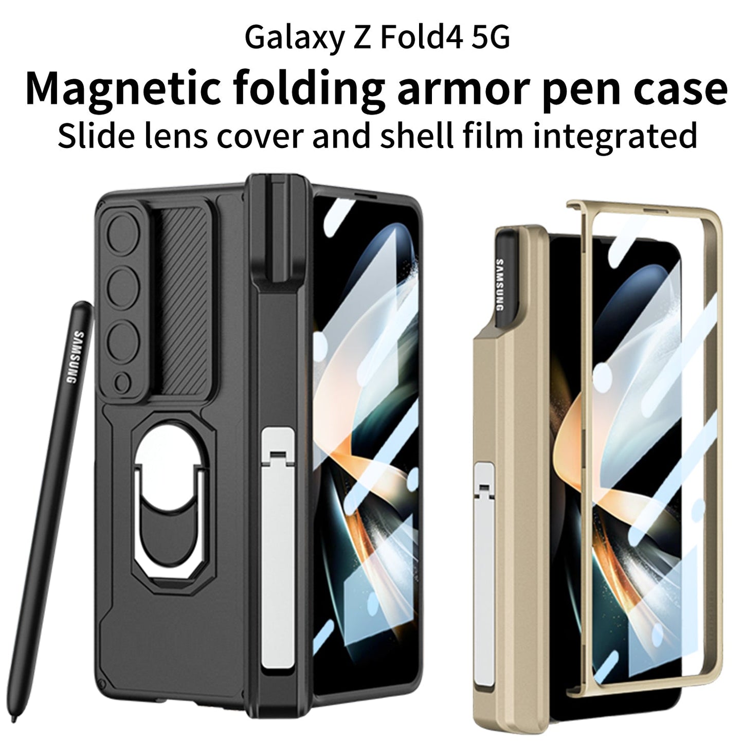 Magnetic Folding Armor Pen Slot Case For Samsung Galaxy Z Fold4 5G With Front Film and Kickstand