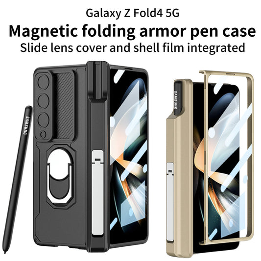 Magnetic Folding Armor Pen Slot Case For Samsung Galaxy Z Fold4 5G With Front Film and Kickstand