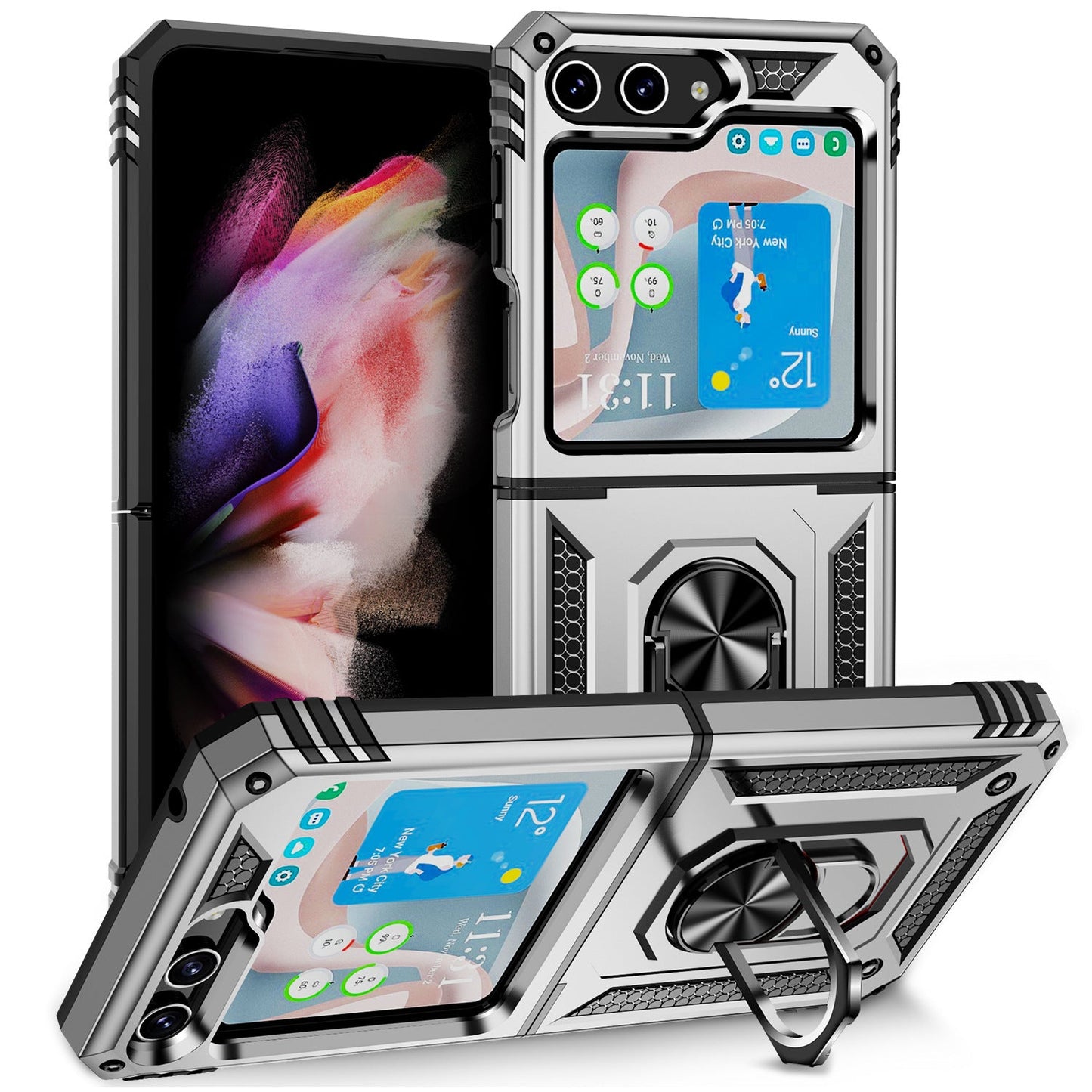 Samsung Galaxy Z Flip5 Armor Heavy Duty Military Grade Protection Case Built-in 360° Rotate Ring Stand