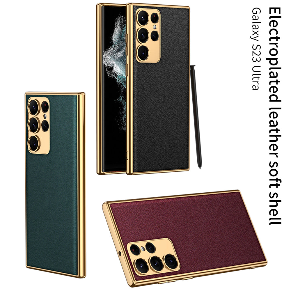 Electroplated Leather Case for Samsung Galaxy S23 Ultra With Kickstand