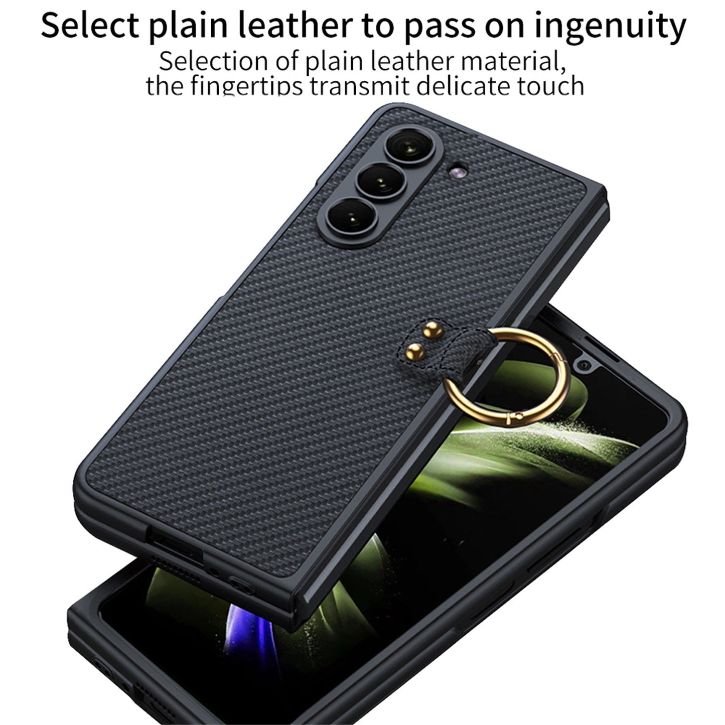 Leather Samsung Galaxy Z Fold 5 Case with Front Screen Tempered Glass Protector & Ring