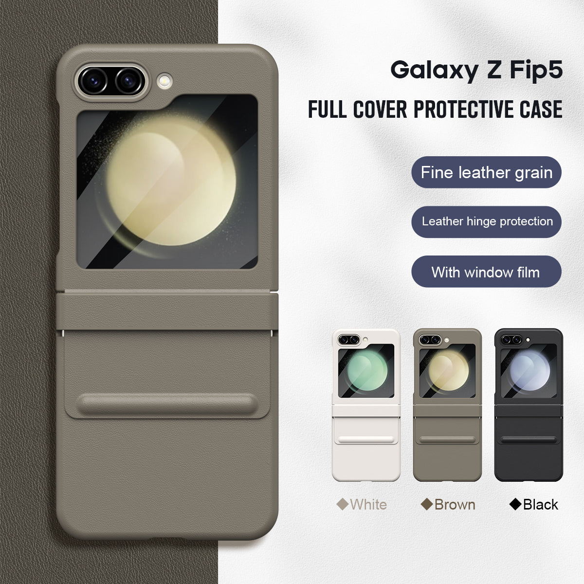 Samsung Galaxy Z Flip5 Leather  Hinge Protector Case Cover With Tempered Glass Film