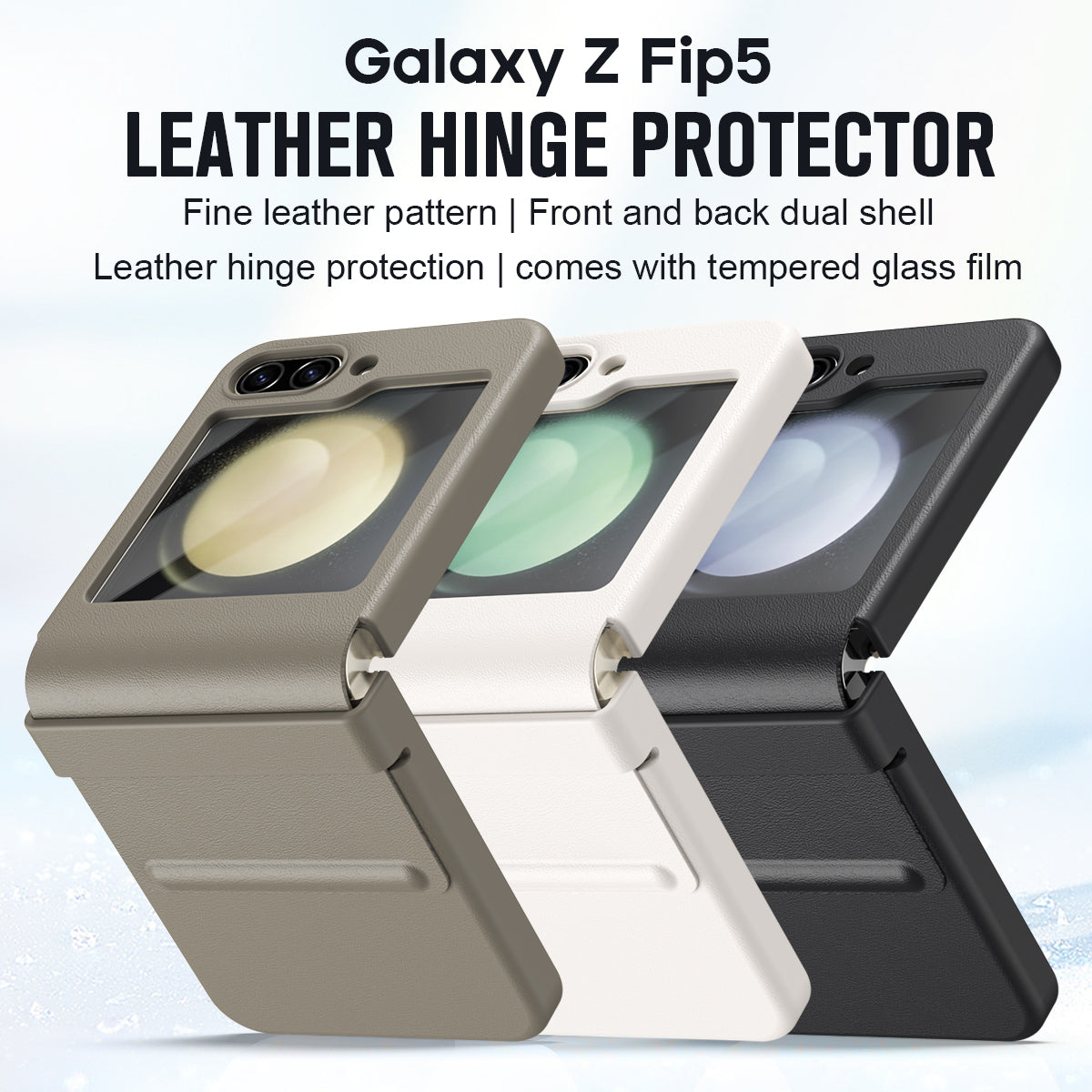 Samsung Galaxy Z Flip5 Leather  Hinge Protector Case Cover With Tempered Glass Film