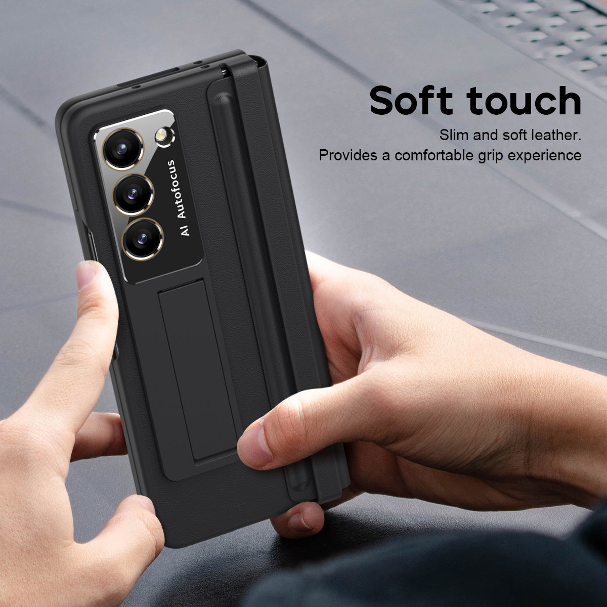 Leather Hinge Protector Samsung  Galaxy Z Fold5 Case With Self-tempered Glass Film