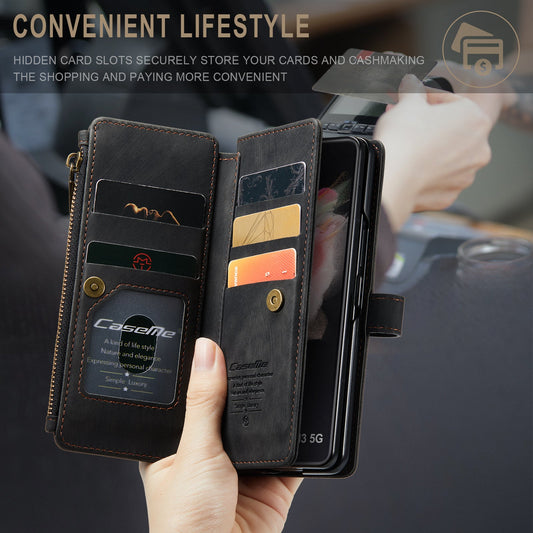 Durable PU Leather Magnetic Wallet Flip Lanyard Strap Wristlet Zipper Card Holder Phone Case for Samsung Galaxy Z Fold 3/Z Fold 4