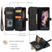 Cargar imagen en el visor de la galería, Durable PU Leather Magnetic Wallet Flip Lanyard Strap Wristlet Zipper Card Holder Phone Case for Samsung Galaxy Z Fold 3/Z Fold 4
