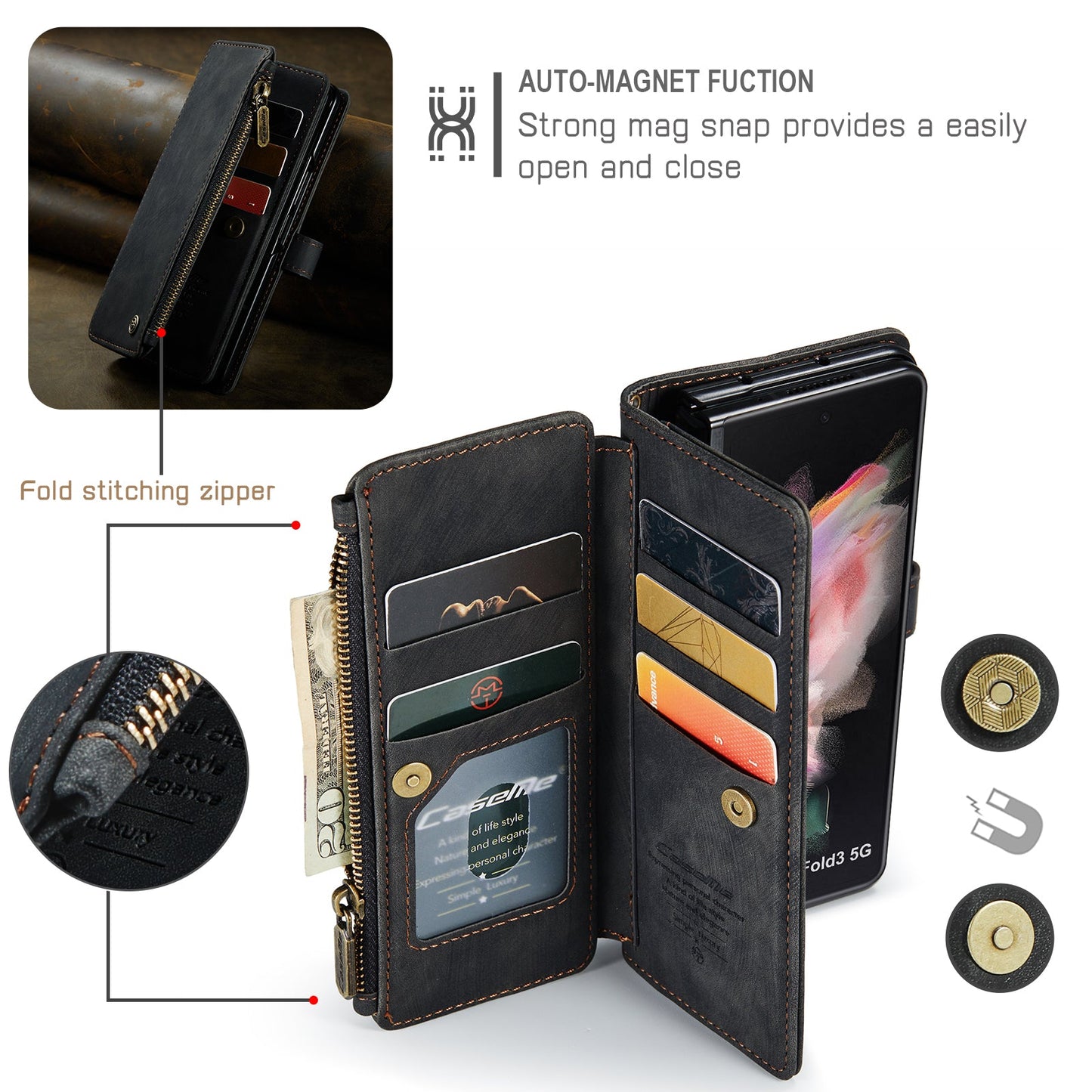 Durable PU Leather Magnetic Wallet Flip Lanyard Strap Wristlet Zipper Card Holder Phone Case for Samsung Galaxy Z Fold 3/Z Fold 4